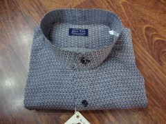 camicia cotone e lino,collo coreana con fondo grigio e microdisegni blu